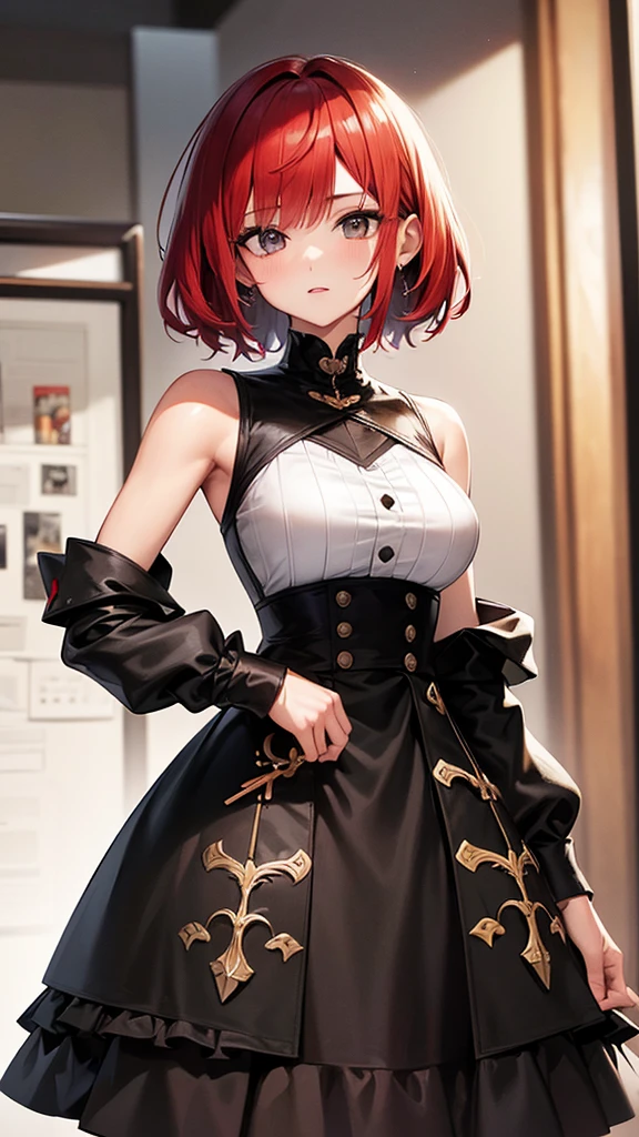 (Highest quality,High resolution,Very detailed,girl),Red hair,short hair,Height: 150cm,cute,black eye,I'm wearing a red skirt,Her eyes are white and shining,Has bright white eyes,Has an embarrassed look,