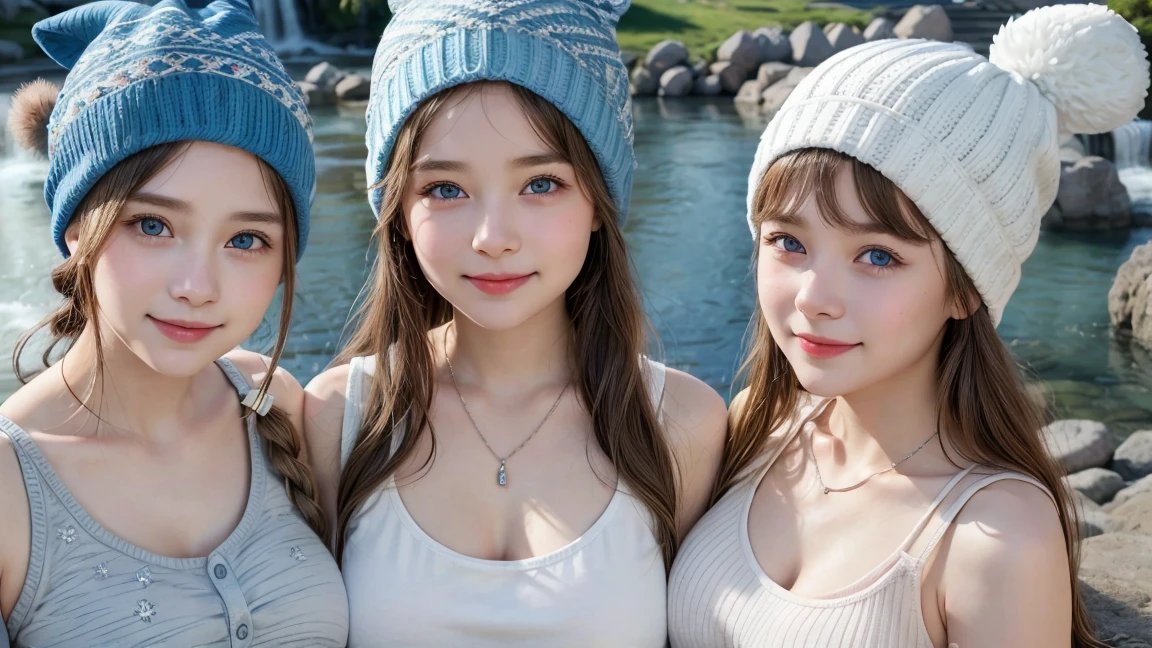 ( 3 women),smile、Look into the camera、diamond necklace、Braided hair, youthful face、Cute face, 10 years old, knitted hat (Random color tank top:1.1)、 Waterfall, rabbit hat, masterpiece, best quality,small waist, blue eyes,(((The ????? is ?????.:1.0)))(((round ?????:1.0)))(((???????????:1.1)))