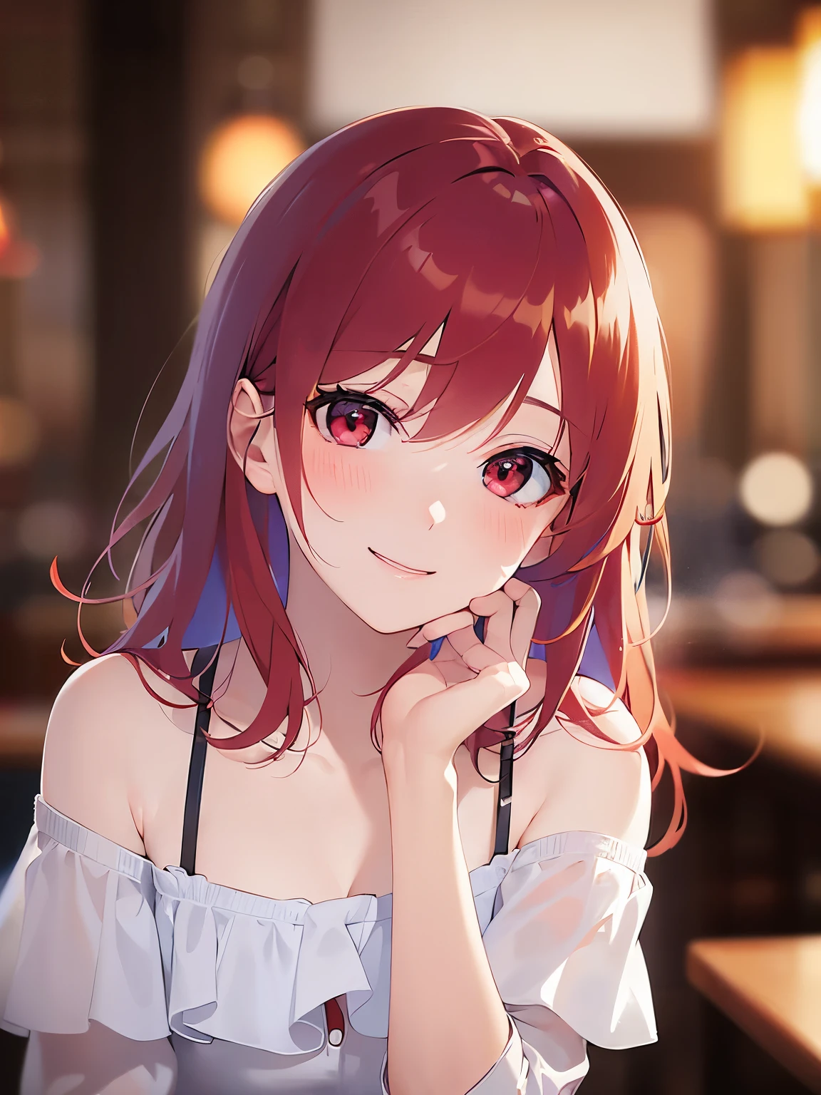 hand on own face、Realistic, real person, RAW photo, photorealistic, portrait photography, shiny skin, 30-year-old woman、(Medium Hair) and (red hair) and (red eyes), (white) and (off shoulder blouse)、smile, blush, The background is the interior of a restaurant at night.、Alone