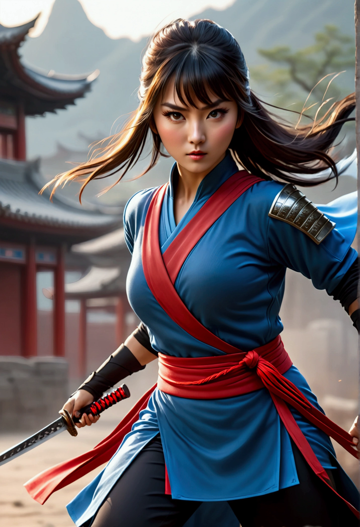 superhero, modern super hero costume, ninja, ninja costume, ninja mask on the face, With a Chinese sword, Jin sword,with a Chinese sword, Beautiful Chinese woman, Chinese woman with bangs, courageous character, Kind, Brave, determination, on the battlefield, atmospheric perspective, Motion blur, 8k, super detailing, Best quality, uhd, high detail