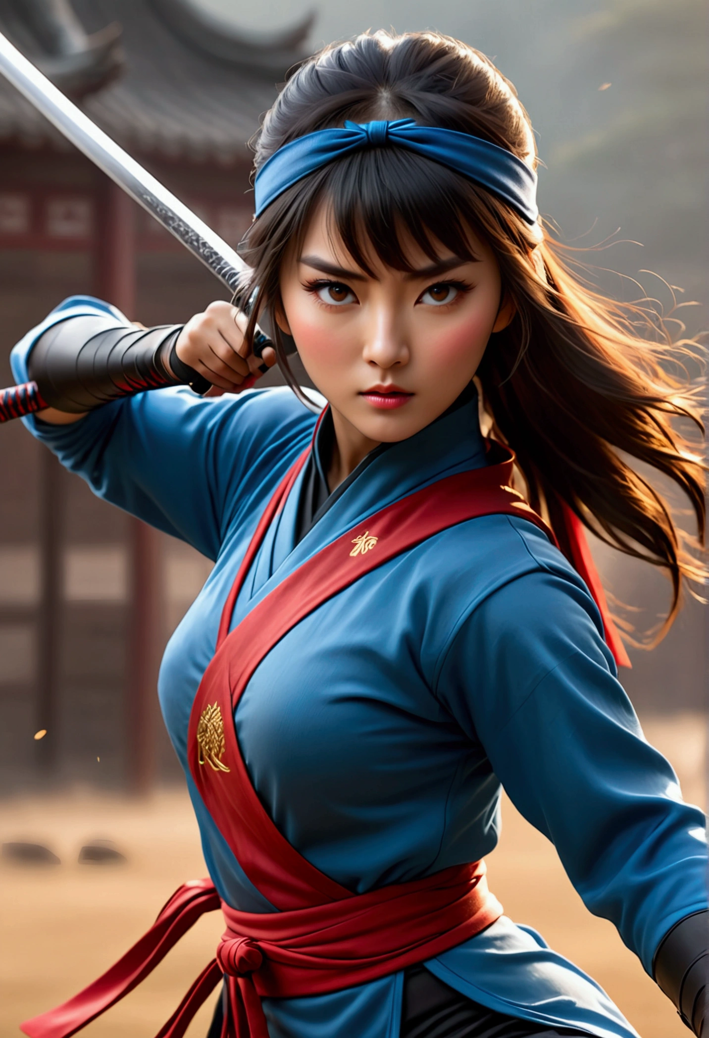 superhero, modern super hero costume, ninja, ninja costume, ninja mask on the face, With a Chinese sword, Jin sword,with a Chinese sword, Beautiful Chinese woman, Chinese woman with bangs, courageous character, Kind, Brave, determination, on the battlefield, atmospheric perspective, Motion blur, 8k, super detailing, Best quality, uhd, high detail