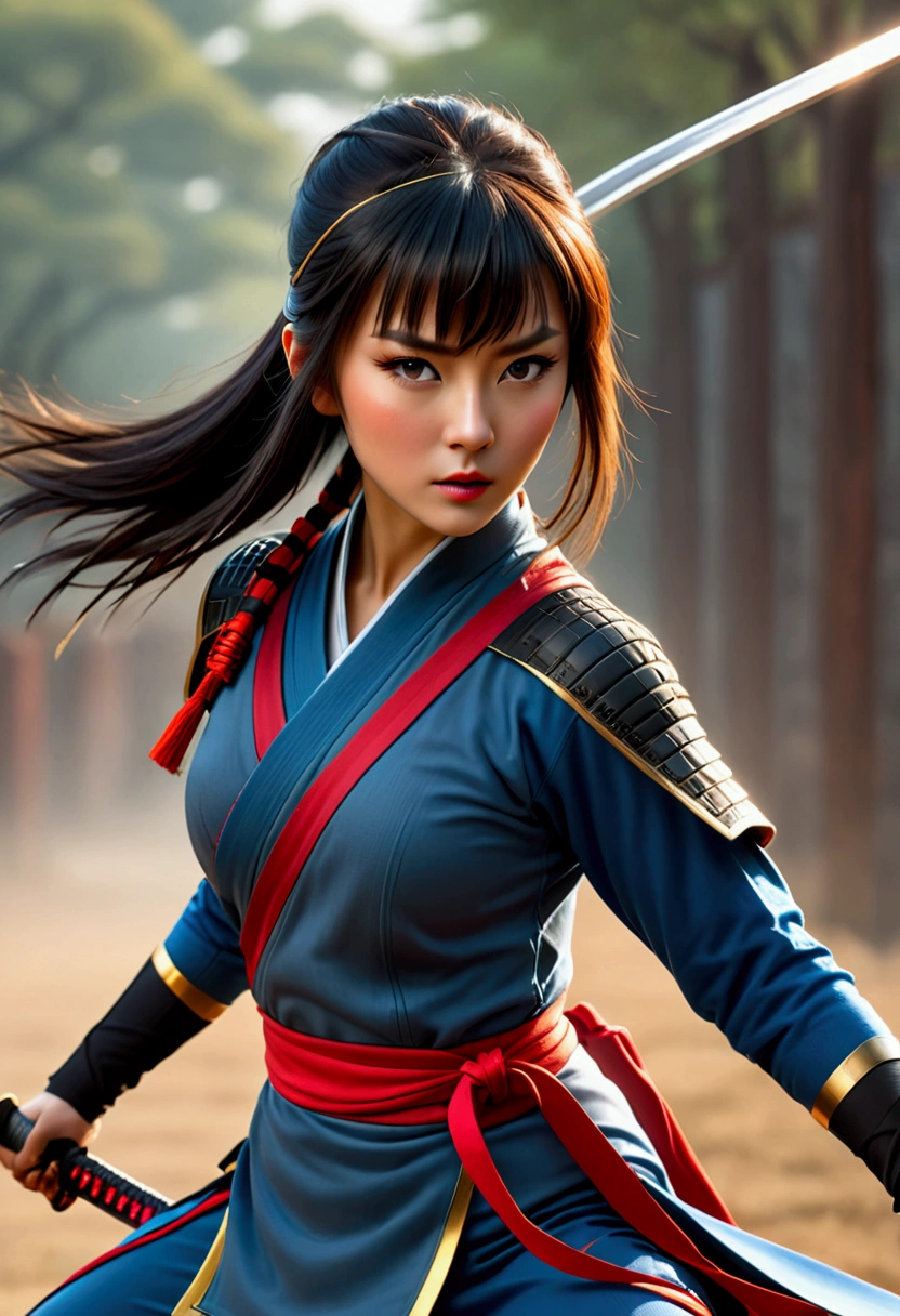 superhero, modern super hero costume, ninja, ninja costume, ninja mask on the face, With a Chinese sword, Jin sword,with a Chinese sword, Beautiful Chinese woman, Chinese woman with bangs, courageous character, Kind, Brave, determination, on the battlefield, atmospheric perspective, Motion blur, 8k, super detailing, Best quality, uhd, high detail