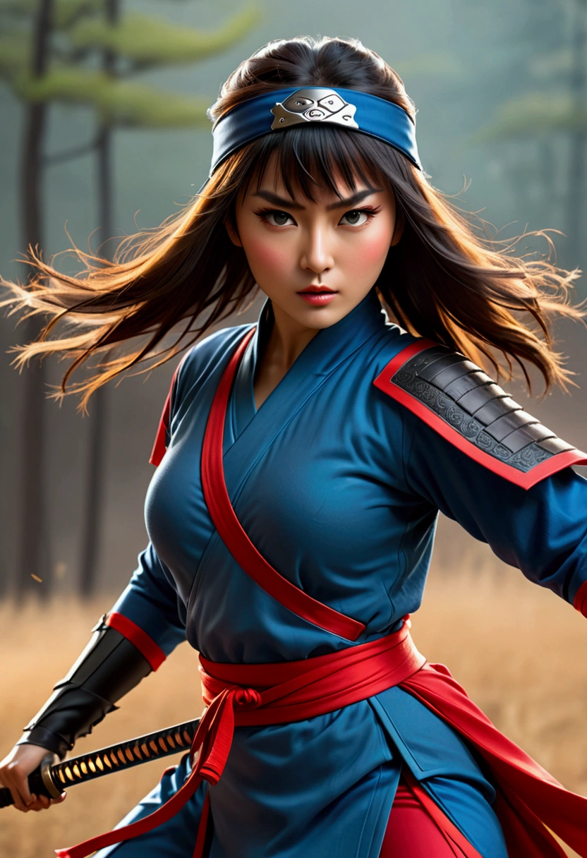 superhero, modern super hero costume, ninja, ninja costume, ninja mask on the face, With a Chinese sword, Jin sword,with a Chinese sword, Beautiful Chinese woman, Chinese woman with bangs, courageous character, Kind, Brave, determination, on the battlefield, atmospheric perspective, Motion blur, 8k, super detailing, Best quality, uhd, high detail