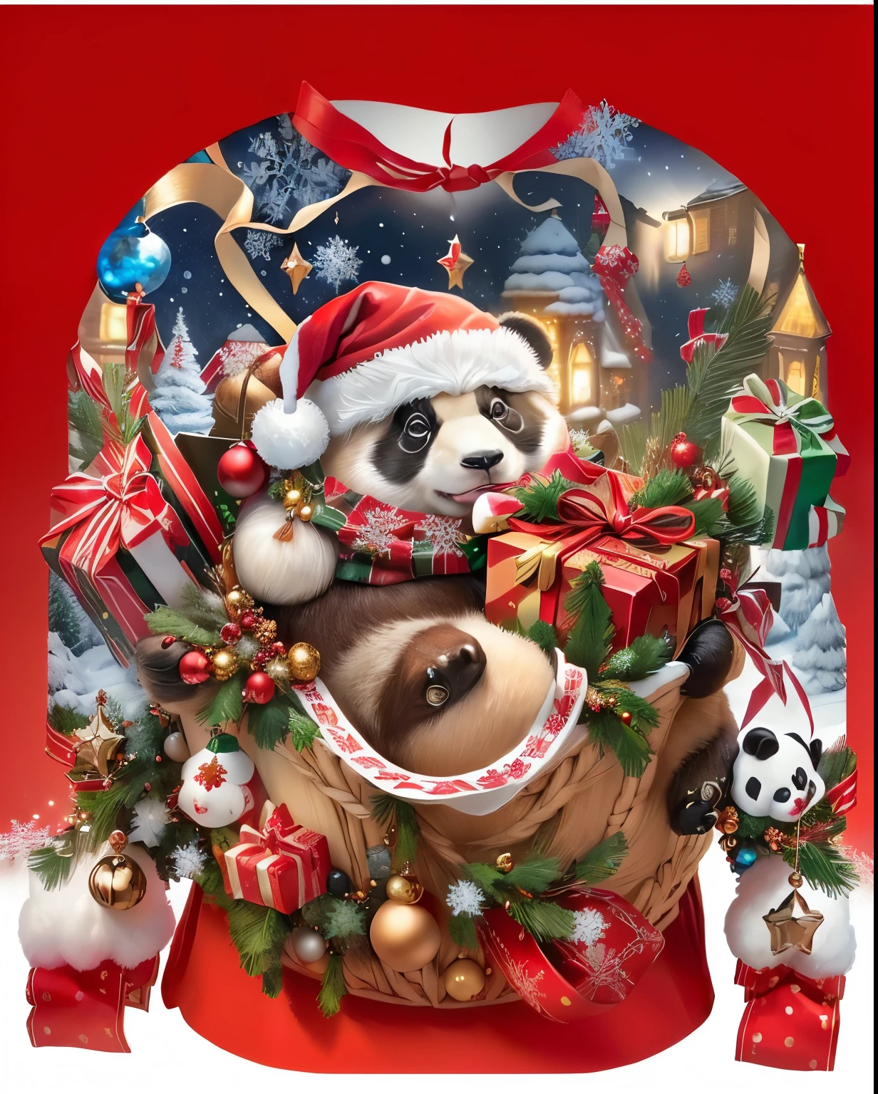 Close-up of a sweater,There is a panda wearing a Santa hat on it, watery eyes、Extremely realistic, Very realistic, Surrealism, very Very realistic, Surrealism, Extremely detailed, Very realistic, Extremely complex, Highly realistic, There are many small decorations, Inspired by Rudolf F.. Inger, (Extremely detailed, Very detailed and realistic, Realistic and detailed、Snowflake background、Lots and lots of Christmas gifts、HD