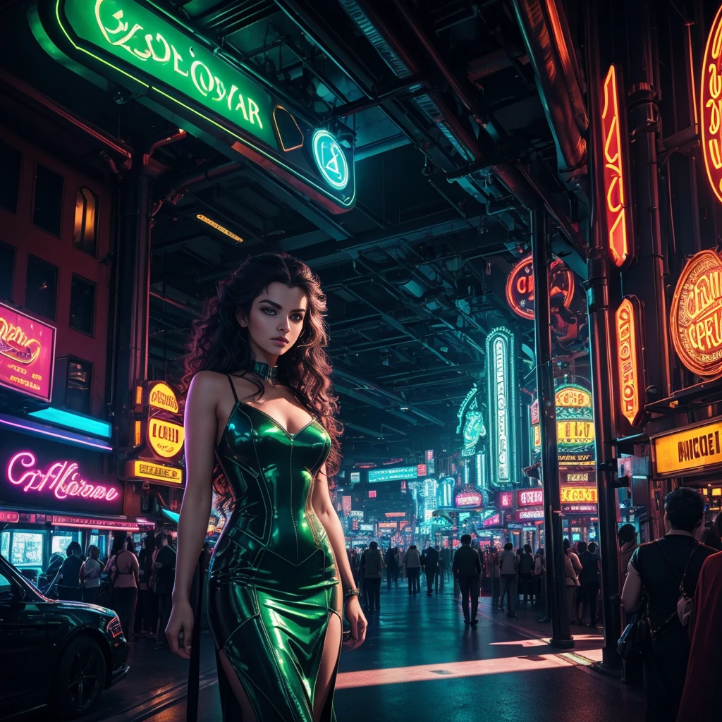 a beautiful young european woman with long dark curly hair standing in a casino, wearing a dress, in a green cyberpunk-inspired lighting, intricate details, highly detailed, 8k, photorealistic, dramatic lighting, cinematic, atmospheric, moody, elegant, graceful, captivating expression, intense gaze, cinematic composition, striking pose, mesmerizing, stunning, flawless skin, glossy lips, sharp focus, vibrant colors, chiaroscuro, dramatic shadows, neon highlights, futuristic, industrial, high-tech, complex environment, intricate architecture, neon signs, holographic displays, advanced technology, seamless integration of organic and inorganic elements, visually stunning, breathtaking, awe-inspiring