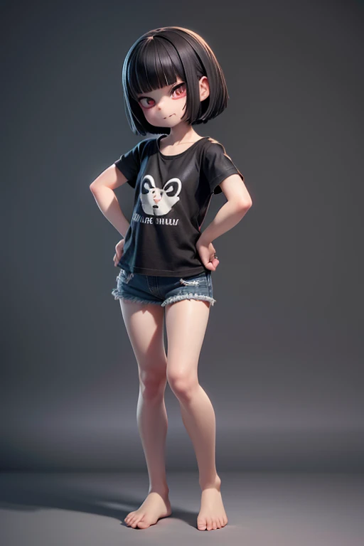 nude,Completely naked,Jewel-like eyes、whole body、smile、Black Hair、Bobcut、Black Shirt+Denim shorts、Look forward、Angry with arms crossed