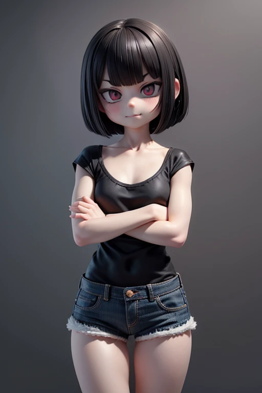 nude,Completely naked,Jewel-like eyes、whole body、smile、Black Hair、Bobcut、Black Shirt+Denim shorts、Look forward、Angry with arms crossed