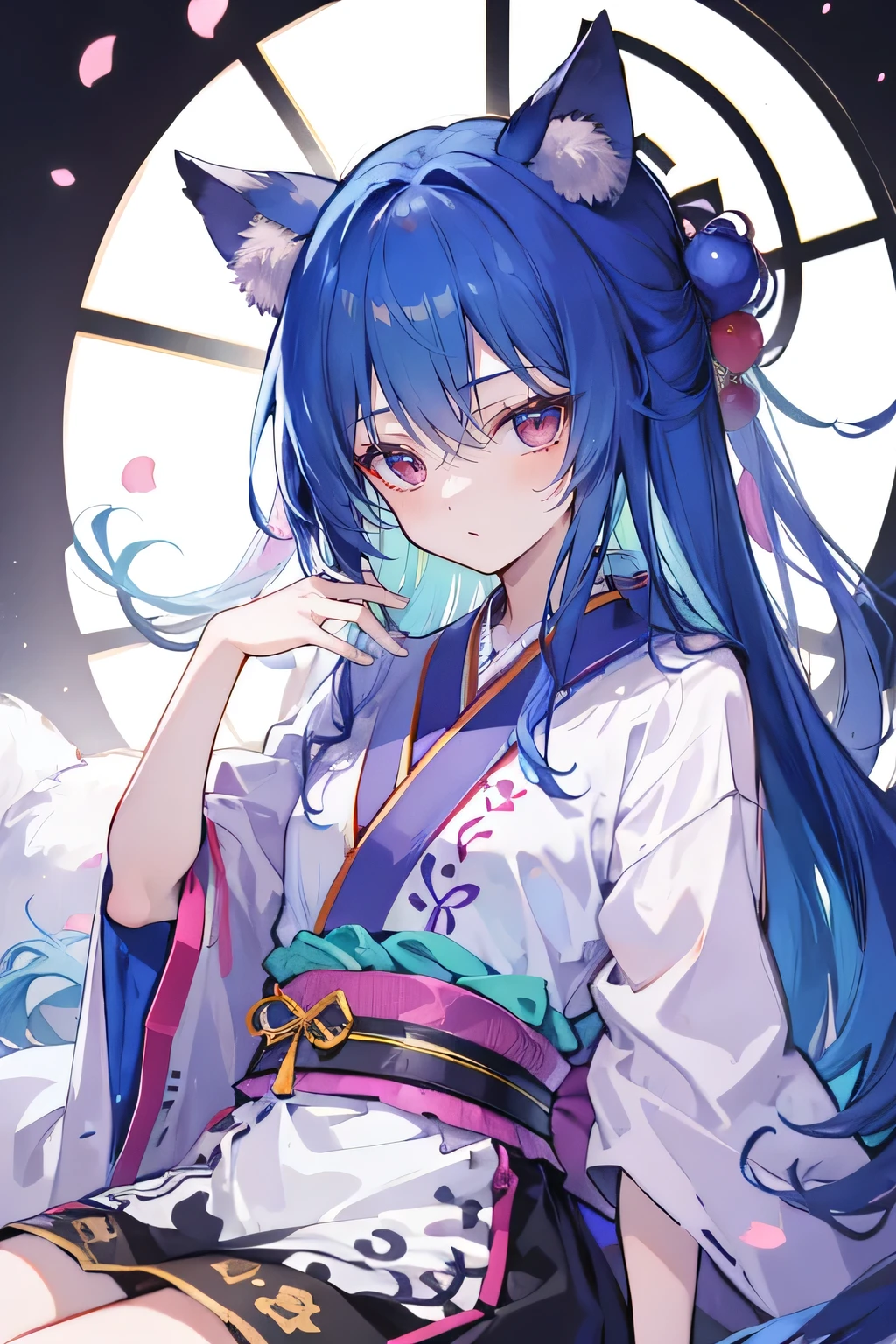 (Masterpiece:1.2),Ultra-detailed,lifelike,The eyes are expressive,Fair skin,Perfect face shape,1 girl,Japanese Manga,Gorgeous blue hair,Flowing blue hair,Flowing clothes,Cat ears,Petals falling,Shy face,sitting on window,Place your hand on your lips,