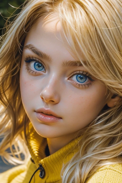 close up portraits of a young blond girl, looking at the camera. her big expressive eyes are blue and yellow, and there something like a star shining inside 