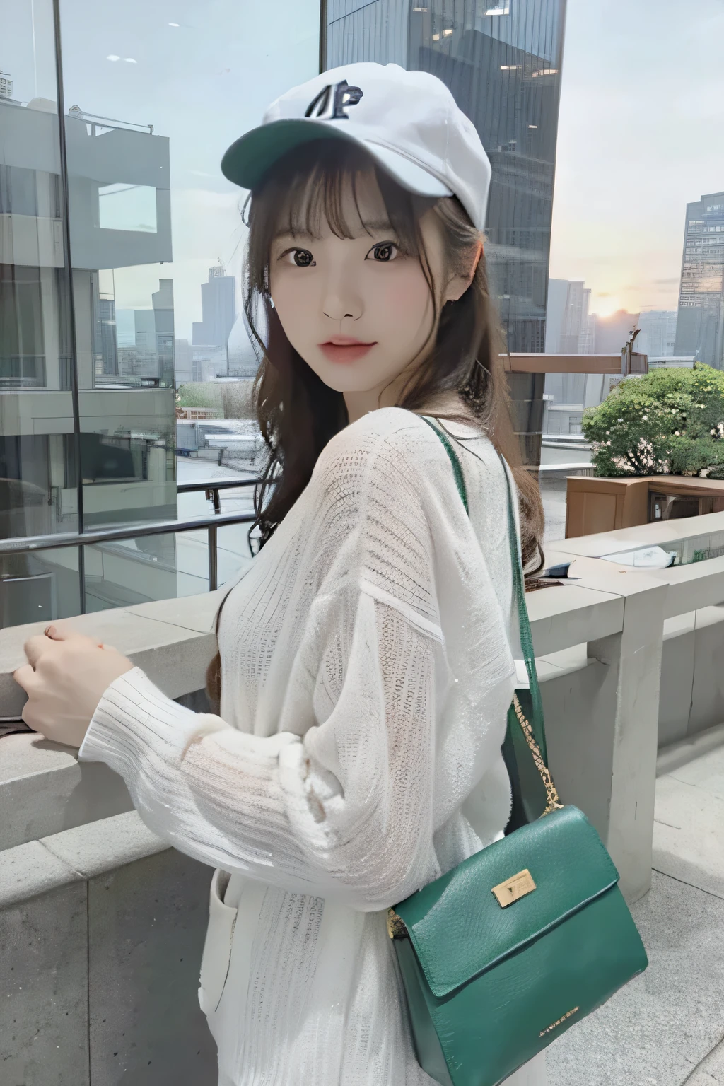 A photo of an extremely beautiful Japanese girl in white and a green bag, standing on the balcony with her hand raised to show buildings behind her back, wearing a cap hat. She is looking at a sunset in front of her, surrounded by high-rise skyscrapers and buildings under construction. Japan's modern cityscape features tall office towers and commercial glass buildings with golden ligh