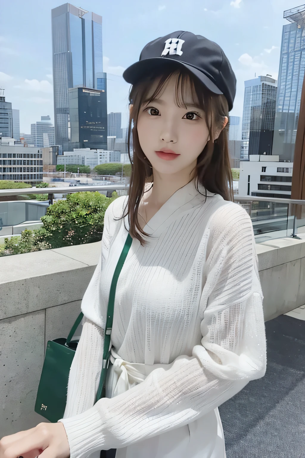A photo of an extremely beautiful Japanese girl in white and a green bag, standing on the balcony with her hand raised to show buildings behind her back, wearing a cap hat. She is looking at a sunset in front of her, surrounded by high-rise skyscrapers and buildings under construction. Japan's modern cityscape features tall office towers and commercial glass buildings with golden ligh