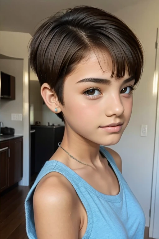 A 13 year old beautiful and slim girl with short hair. Tomboy hair style. 