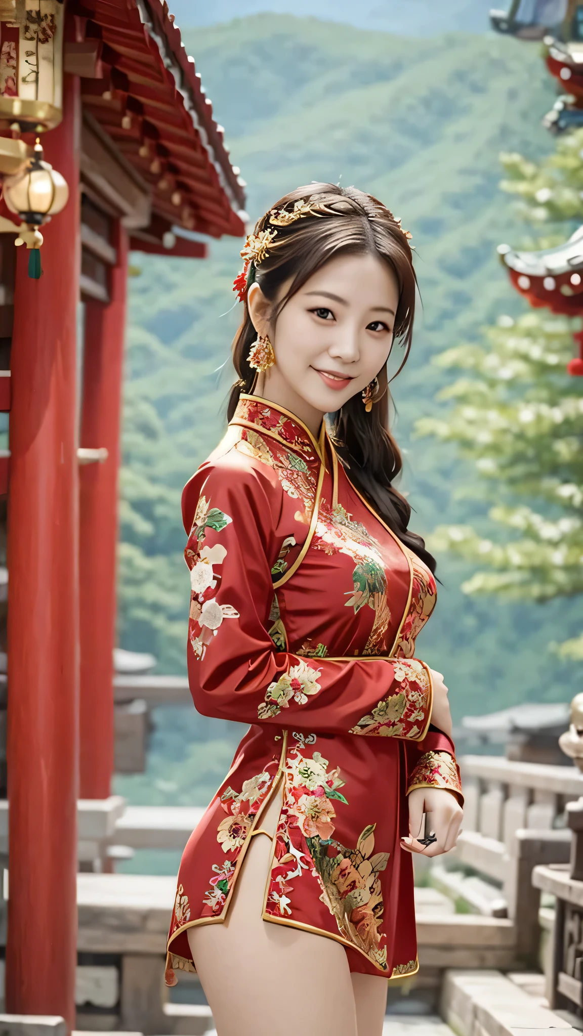 (SFW:1.5),(masterpiece, Highest quality:1.2),Arafe Asian woman in a bright red dress and black shorts, Gorgeous Chinese Model, V-shaped clothing with an open neckline, Gorgeous Young Woman, Beautiful woman, Beautiful young Japanese woman,28 years old、A sophisticated gravure idol, Japanese Goddess, Tight outfit, Beautiful Asian Girl, Captivating portrait of Tifa Lockhart,  Real young gravure idol