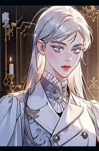 a determined victorian era woman in her early 30's, scientist, pristine white labcoat, straight white hair, striking purple eyes, side-swept bangs, wearing a monocle, long black gloves, detailed realistic portrait, photorealistic, hyperrealistic, 8k, detailed clothing, beautiful detailed eyes, beautiful detailed lips, extremely detailed face, intricate ornate details, cinematic lighting, dramatic shadows, warm color tones, natural lighting, highly detailed, masterpiece, artstation, sharp focus, hyper detailed, full body