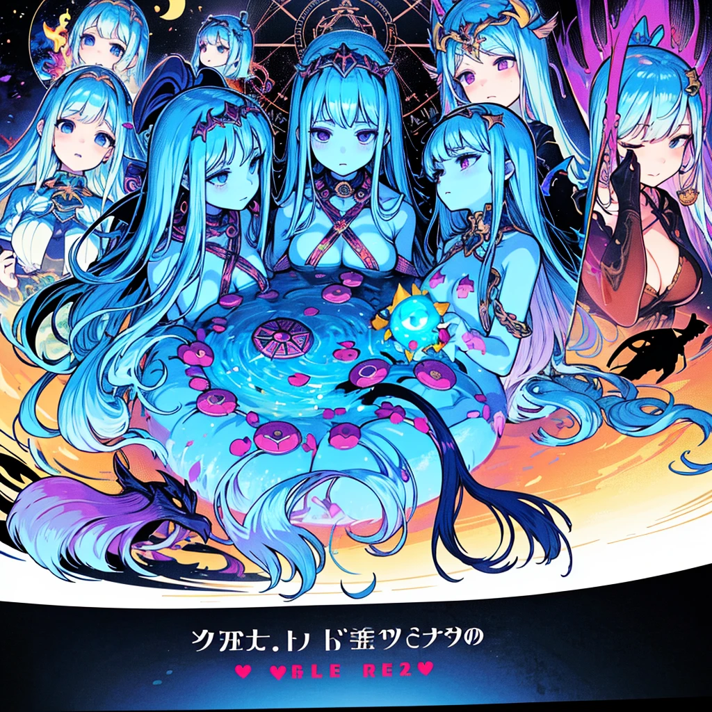 Goddess summons heroes, summoning circle, blue pentagram, text level 1 above head