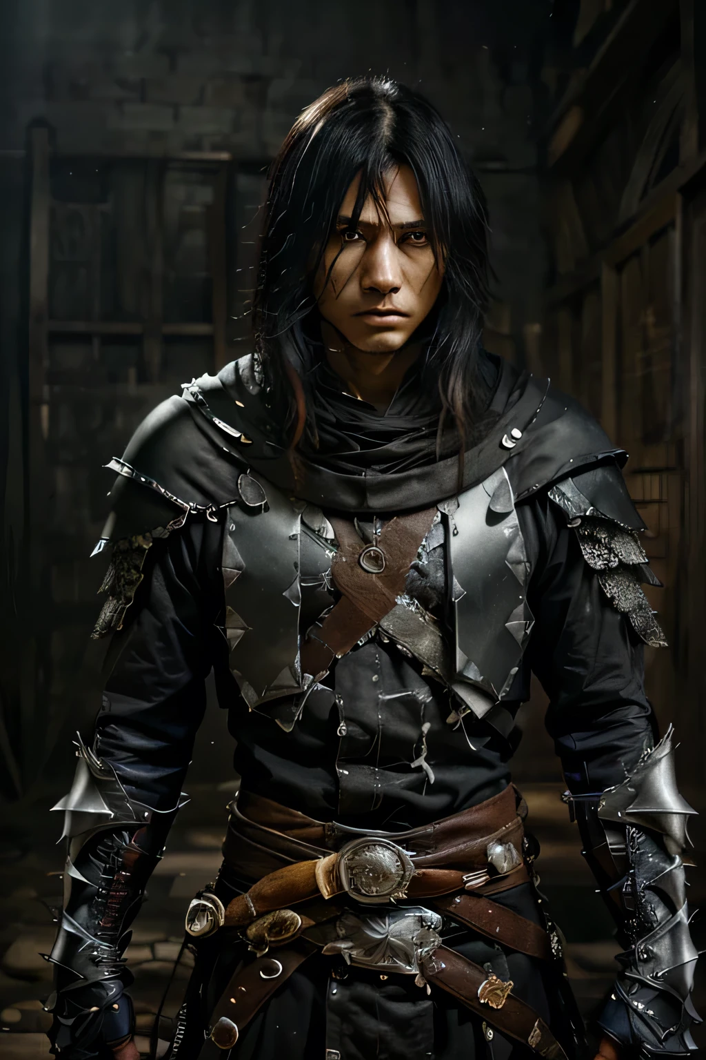 (ultra-detailed, highres, realistic:1.2),HDR,anime,portraits,ichigo kurosaki,black hair,armored,holding his sword, intense eyes,intense expression,determined stance,dark background,vivid colors,sharp focus