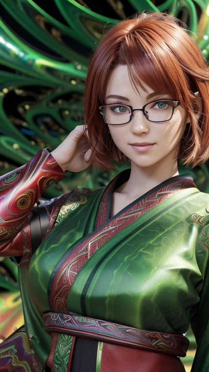 Short, Red hair, green eyes, green kimono, smile, girl 15 years old, metal frame glasses. (Best quality), extremely detailed,(fractal art:1.2),colorful,The most detailed, (dynamic pose), (abstract background:1.5), (Many colors:1.4). ((split. skin texture. elegance. photorealism. unreal engine. 3D model. Ultra high quality textures. high detail. permission 8k))