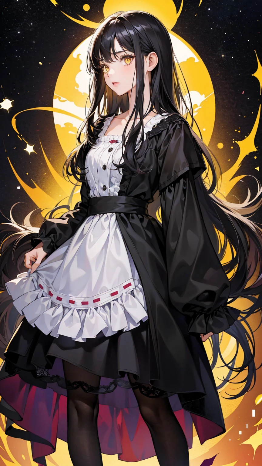1girl, 30 years old, princess, black nightdress, black hair, long hair, yellow eyes, black pantyhose,