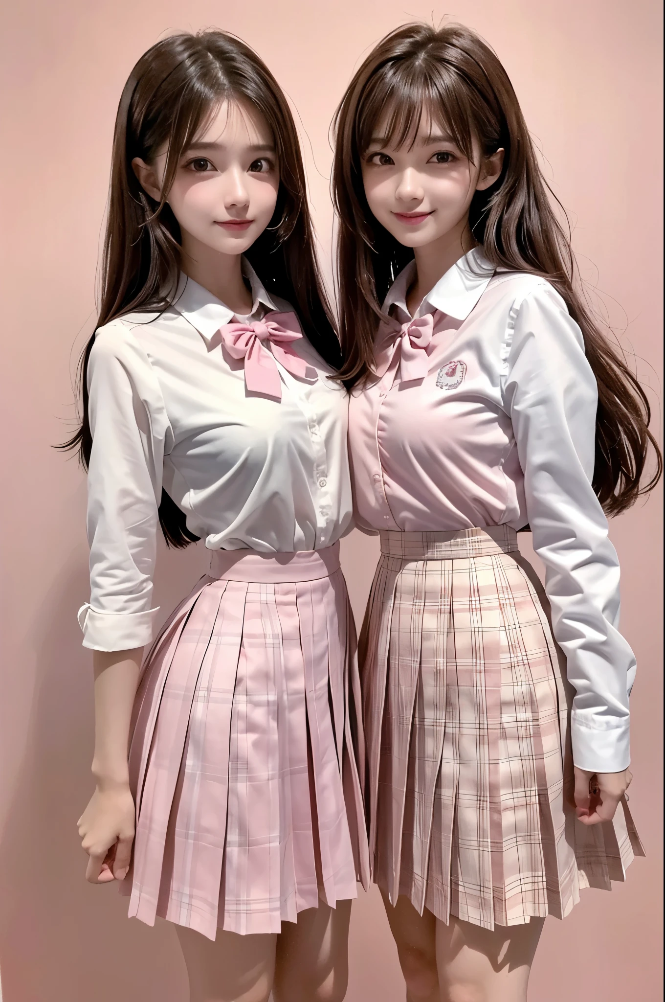 high resolution,smile,happy,woman,woman2人,adult,((two girl females)),
Clear,cute,Blonde,Brown Hair,
wavy hair,long hair,BREAK,
Pink brown eyes,BREAK,
high school girl,uniform,White shirt,Pink checkered pleated skirt,BREAK,
Facing forward,BREAK,Pink background,