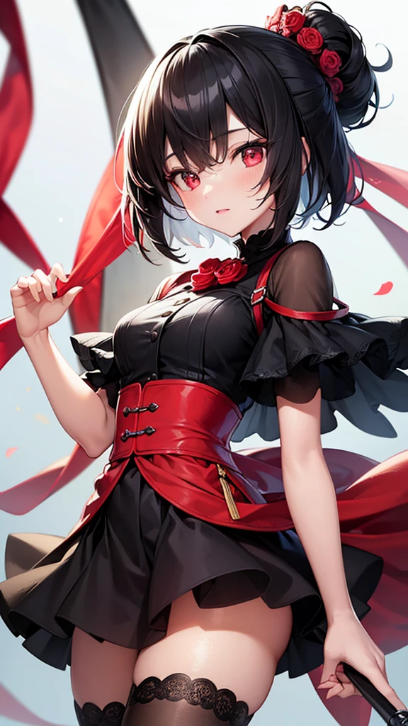 (Highest quality,High resolution,Very detailed,girl),Black Hair,short hair,Height: 150cm,cute,Light red eyes,I&#39;m wearing a red skirt,Her eyes are white and shining,Has bright white eyes,Has an embarrassed look,