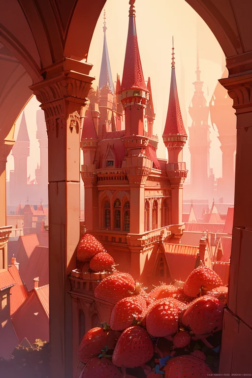 strawberry castle, detailed, luscious strawberry bricks, ornate strawberry turrets, vibrant red and pink color palette, soft lighting, fairy tale, masterpiece, photorealistic, highly detailed, 8k, best quality, intricate architectural design, whimsical atmosphere, dreamy landscape, golden hour lighting, delicate strawberry vines, enchanting fantasy setting