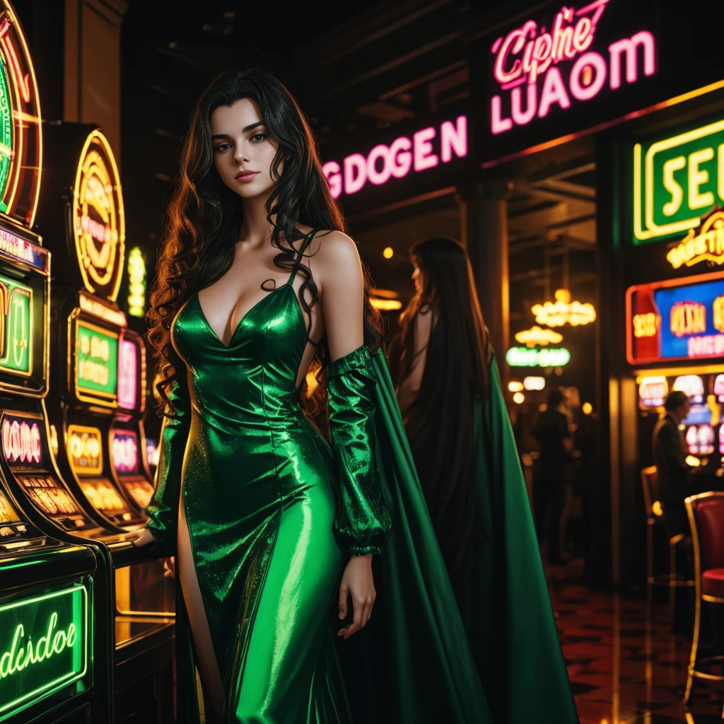 a beautiful young european woman with long dark curly hair standing in a casino, wearing a dress, in a green cyberpunk-inspired lighting, neon signs
