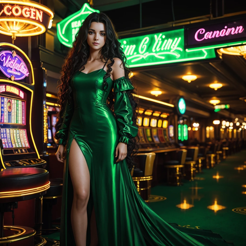 a beautiful young european woman with long dark curly hair standing in a casino, wearing a dress, in a green cyberpunk-inspired lighting, neon signs