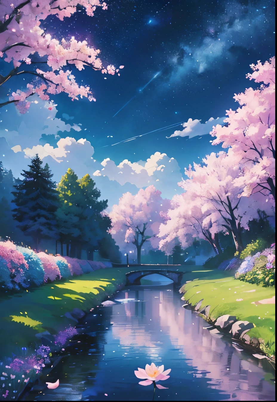 (magical pretty night null green stream overlay scene), (null), (cloud), Soft lighting, Clean background, Beautiful views, masterpiece, high quality, Beautiful graphics, Attention to detail, Spectacular views, garden, Flowers, cloud, (night starry null, River behind, Behind is a huge old tree々, Shiny pink petals fall behind)