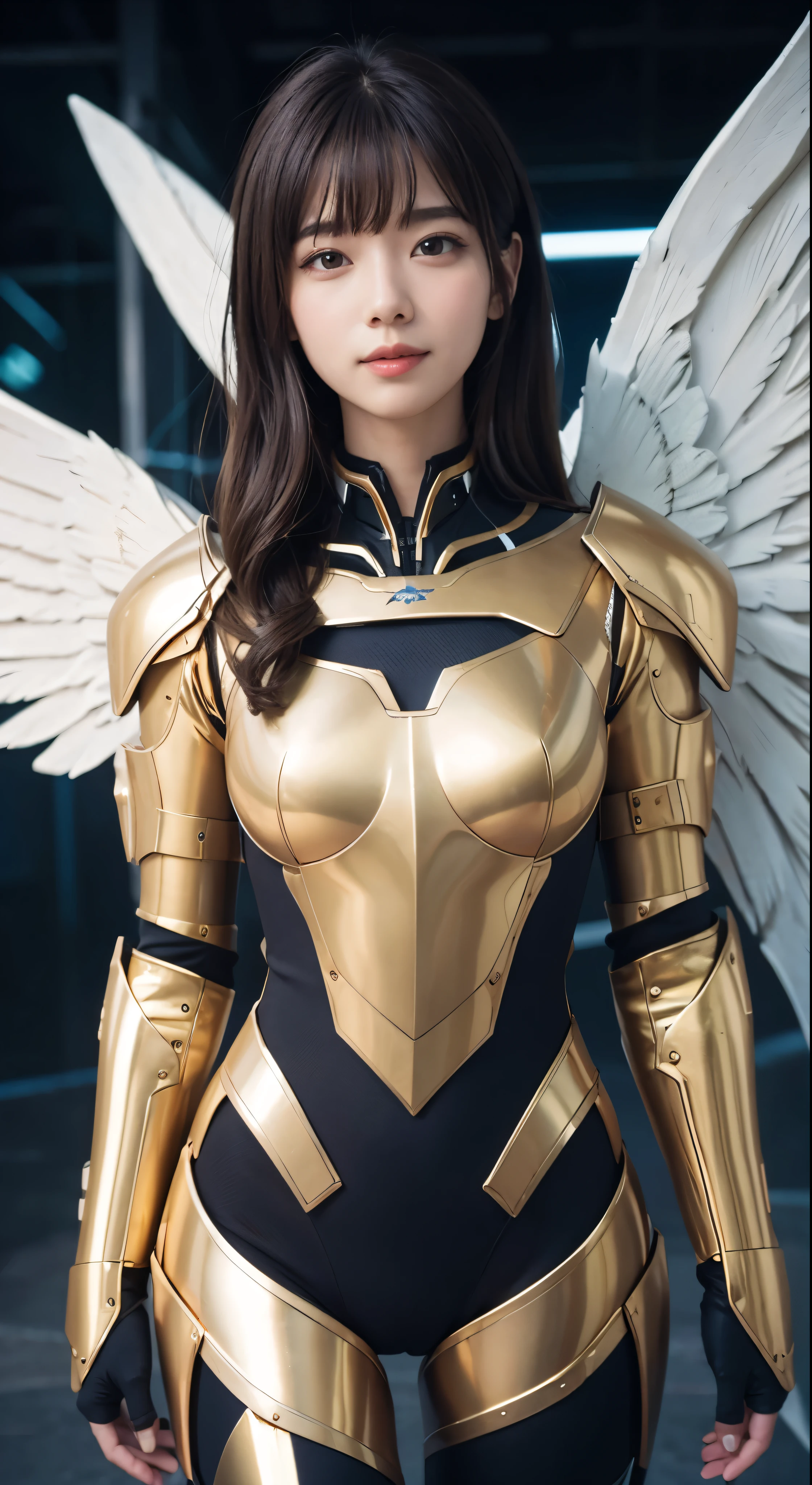 masterpiece,(bestquality),highlydetailed,ultra-detailed,1girl,(mechanicalwings:golden,glowingeyes:blue,goldenrarmor:1.2,elongatedears:0.8),(cyberpunkcity:1.5,weapon:energyblade),(fantasylandscape:1.2,natural lighting:1.5,confidentexpression),(panorama:1.2),mecha, smile,angle,Angels, wings,gold,raw,close up