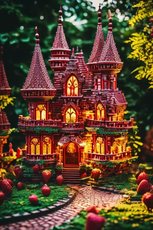 strawberry castle, detailed, luscious strawberry bricks, ornate strawberry turrets, vibrant red and pink color palette, soft lighting, fairy tale, masterpiece, photorealistic, highly detailed, 8k, best quality, intricate architectural design, whimsical atmosphere, dreamy landscape, golden hour lighting, delicate strawberry vines, enchanting fantasy setting