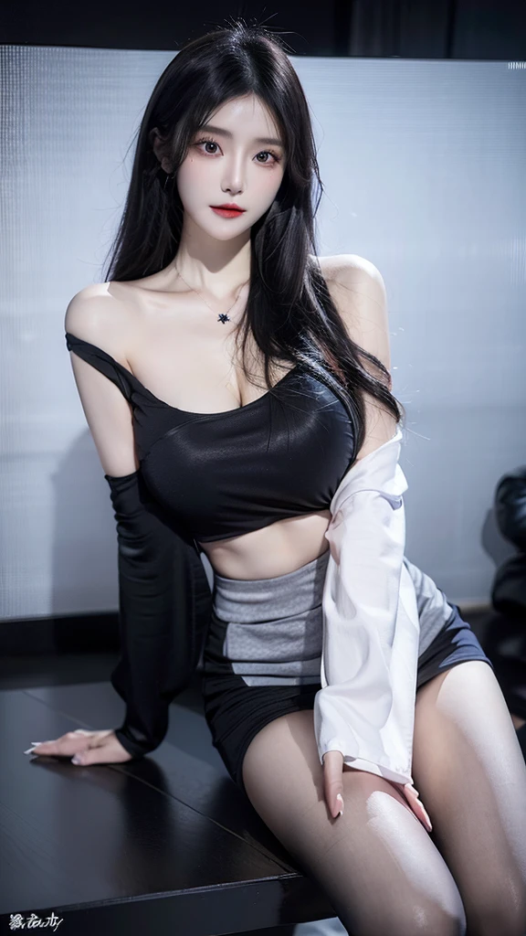 best quality, Ultra-high resolution, (Reality:1.4), 1 girl,(wide thighs, とてもlong legs), Off-shoulder white shirt, Black tight skirt, Black necklace, (Faded gray hair:1), (Huge breasts:1.2), Looking at the audience, close up ,