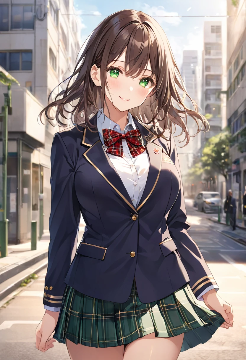masterpiece, best quality, ultra detailed, detailed eyes, sparkling eyes, huge breasts, The image is an anime-style illustration depicting a young woman with a cheerful and friendly demeanor. She has long, dark brown hair with a wavy texture that cascades around her shoulders. Her large, expressive eyes are a striking shade of green, with a hint of light reflecting off them, giving her a lively appearance. Her cheeks are slightly flushed, adding a touch of warmth and vitality to her expression. She is wearing a school uniform that consists of a black blazer with red trim and gold buttons. Underneath the blazer, she has a white button-up shirt with a red plaid bowtie. Her uniform has two buttons open, revealing her large cleavage. The uniform also includes a pleated plaid skirt that matches the bowtie in color and pattern. Her outfit is completed with a cozy, ribbed cuff visible on the blazer's sleeves. The background of the image suggests an urban setting, possibly a school or city environment, with soft lighting that contributes to the overall warm and inviting atmosphere of the illustration. The character's posture and expression convey a sense of approachability and optimism.