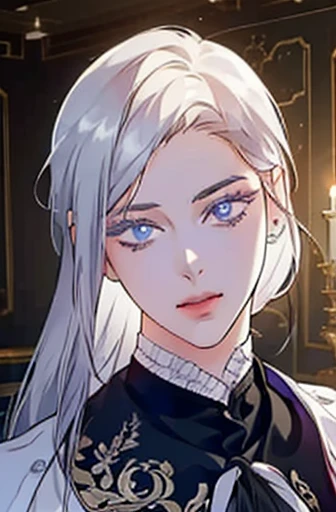 a determined victorian era woman in her late 20's, merchant, straight white hair, striking purple eyes, side-swept bangs, wearing a monocle, long black gloves, detailed realistic portrait, photorealistic, hyperrealistic, 8k, detailed clothing, beautiful detailed eyes, beautiful detailed lips, extremely detailed face, intricate ornate details, cinematic lighting, dramatic shadows, warm color tones, natural lighting, highly detailed, masterpiece, artstation, sharp focus, hyper detailed, full body