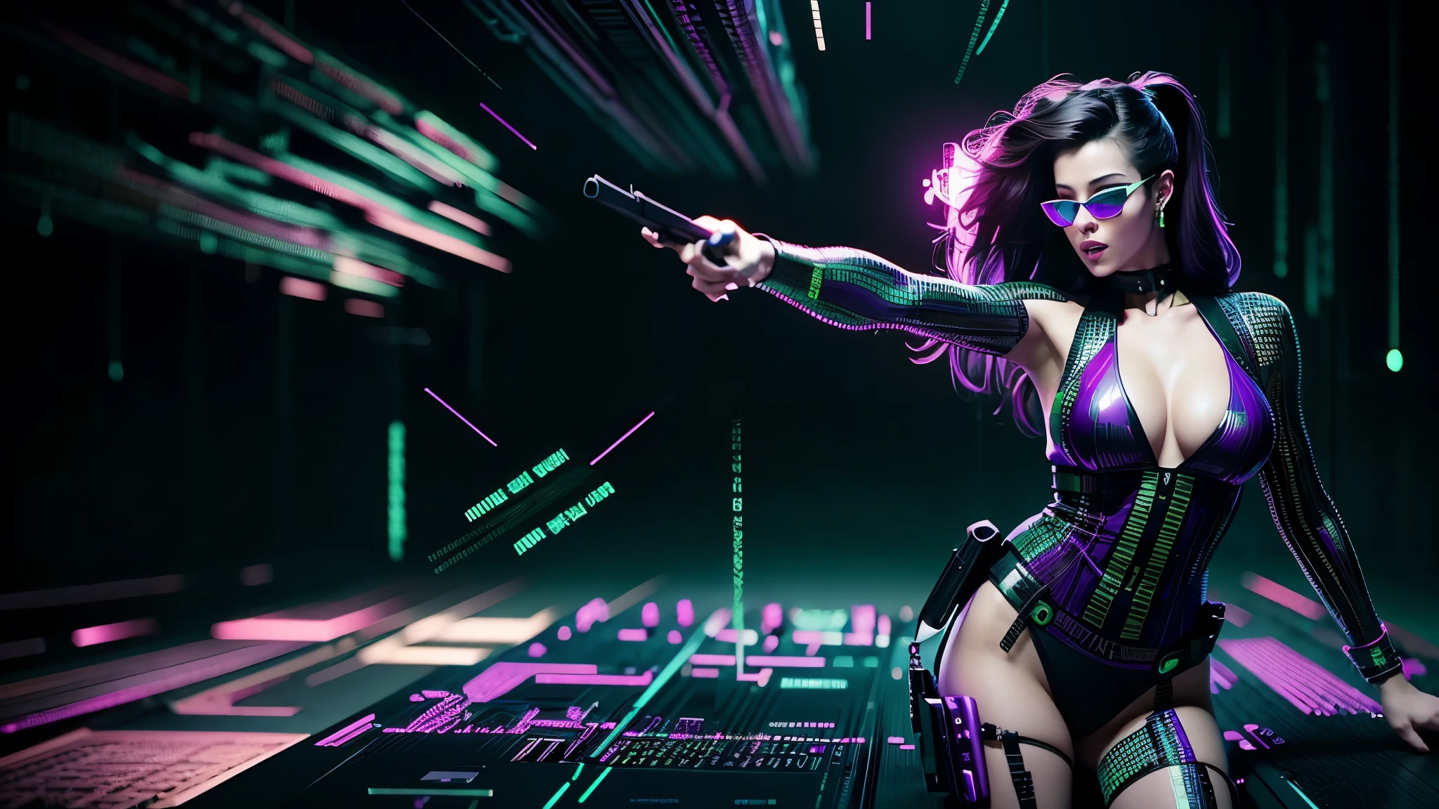 matrix coding, Purple animated cyberpunk background. sexy woman with gun and sunglasses