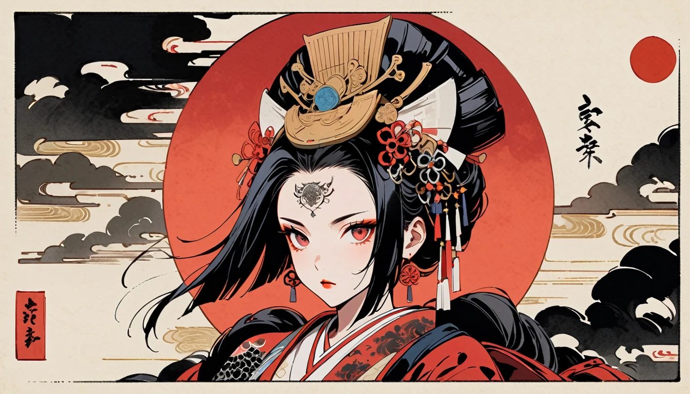 Ink painting, (((1 girl))), (((Red moon tattoo in the center of the forehead))), (((Oiran))), (((Great hair accessories))), Japanese style headphones, Demon possession, Red eyes,Face up close, Japanese beauty, Black hair, Sensitive and precise, Modern Ukiyo-e style