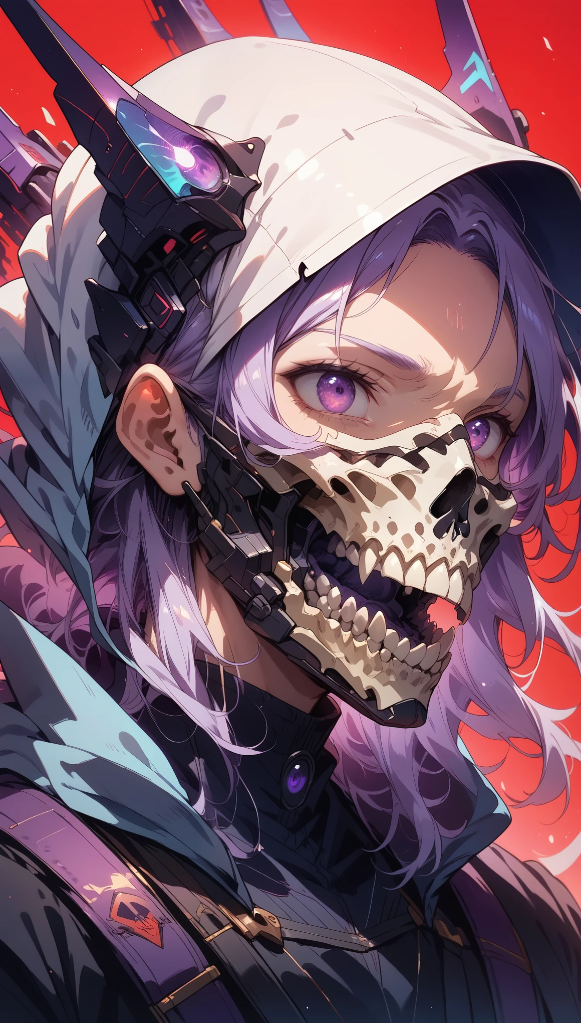 Solitary, Looking at the audience, Purple Eyes, 1 boy, Male focus, Sharp Teeth, hood, mask, Luminescence, portrait, Luminescence eyes, Red background, hood up, skull, mouth mask, Blue-violet theme,mask,monster,Mecha,Black Armor,permanent
