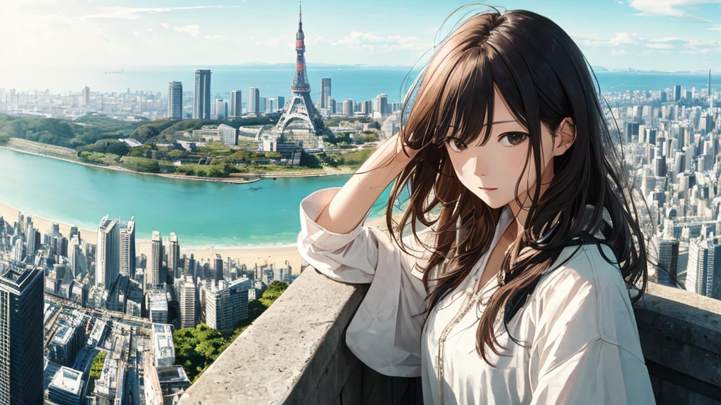 Shiraishi Mei, Looks exactly like Shiraishi Mei、Tokyo Tower in the background、Oceanの方を向いている後ろ姿、Woman looking up at the sky ,Long Hair, Dark brown hair,, photograph, Realistic, Highest quality, Detailed face, Strong sunlight, Ocean, Embankment, Detailed Background, Diffused sunlight, Written boundary depth, Bokeh (Highest quality: 1.2), (masterpiece: 1.2), Watch Viewer, one piece, White Theme, ,Vision、(((Panorama:1.2)))