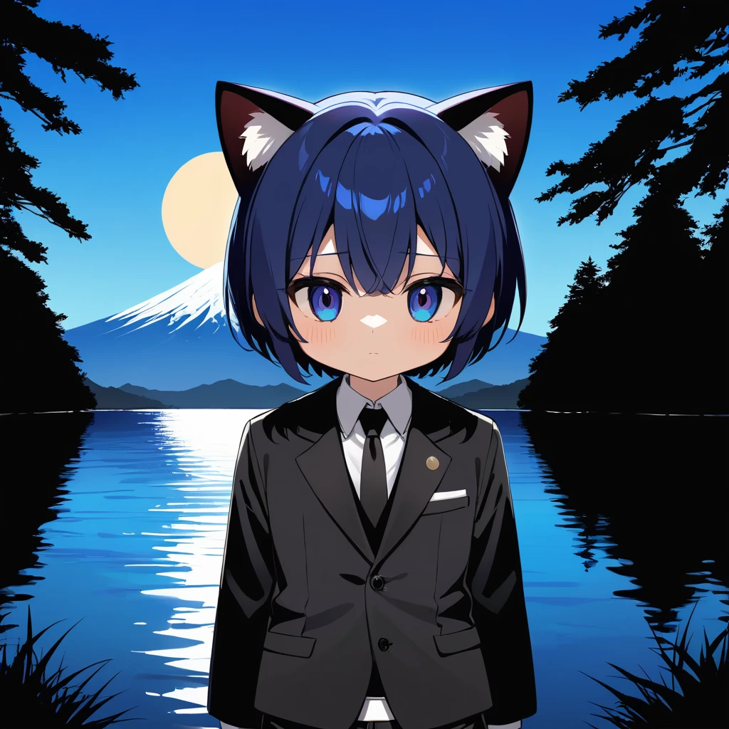 1boy, solo, cute, blue bob hair, cat ears, close-up, shaded face, (clothes:2.0), black waither suit, long black pants, shorts, expressionless, relaxing, , empty eyes, background large lake and behind the lake there is a dense forest, the body is facing the background, the head is facing the audience, night, the moon, the view of Mount Fuji in the far background