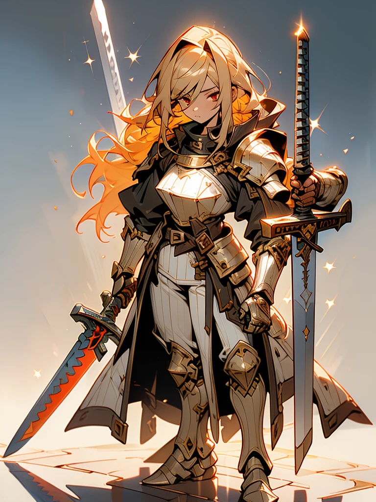 (a teenager male knight in cracked Gold armor), handsome, (( a Greatsword stained with dark gold element)), a giant gate of castle behind him, light from the sky, lots of swords point at the knight, red eyes, white hair, rose gold hair, gradient hair, chiaroscuro, cinematic lighting, god rays, ray tracing, reflection light, ((full-body)), masterpiece, best quality, high quality, high details, highest, accurate, anatomically correct, textured skin, UHD, 1080P, ((anime))