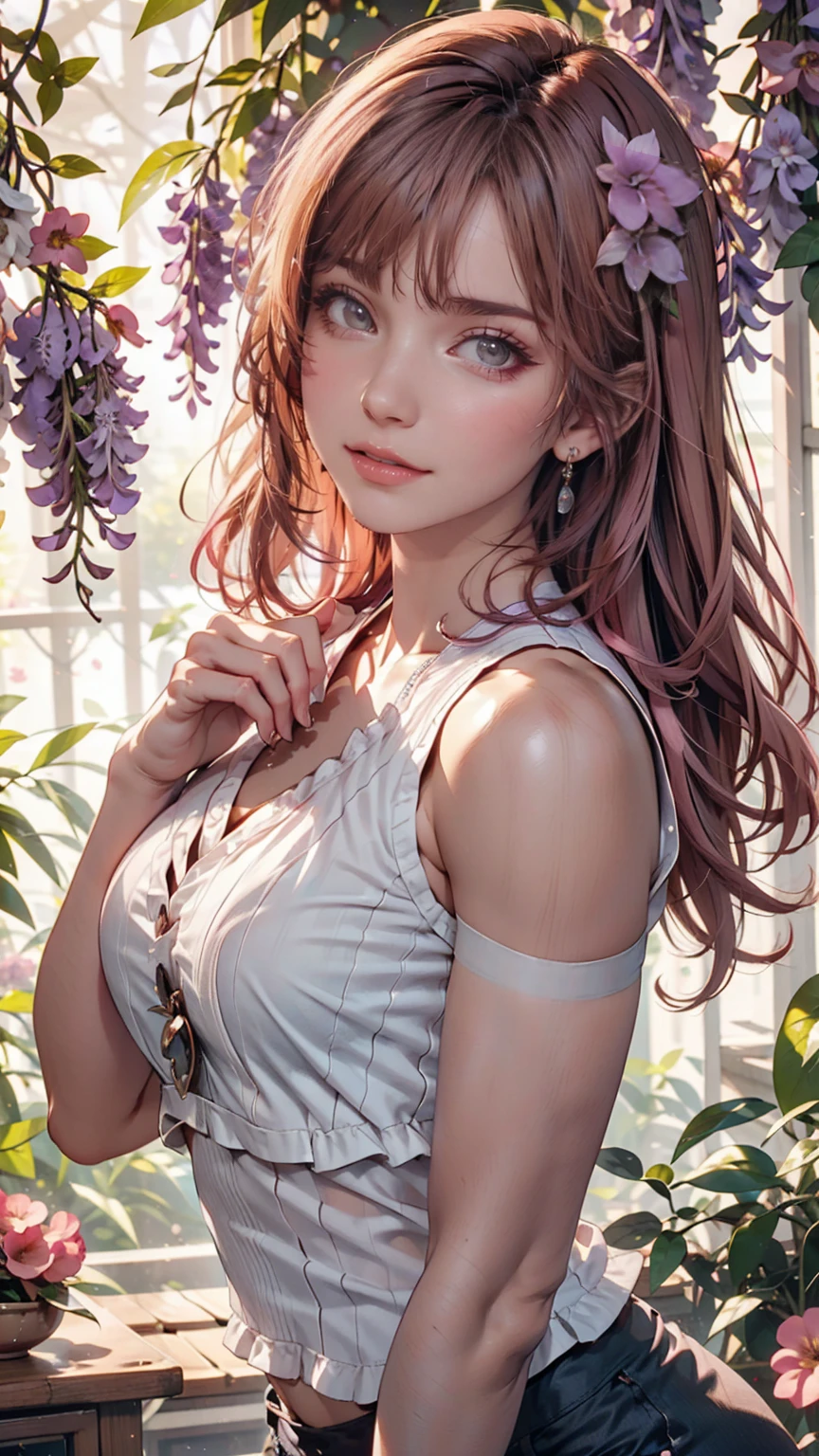 One girl, alone, Cute girl with pink hair, Pink Eyes, Wisteria flower background, Soft natural light, Sleeveless white shirt