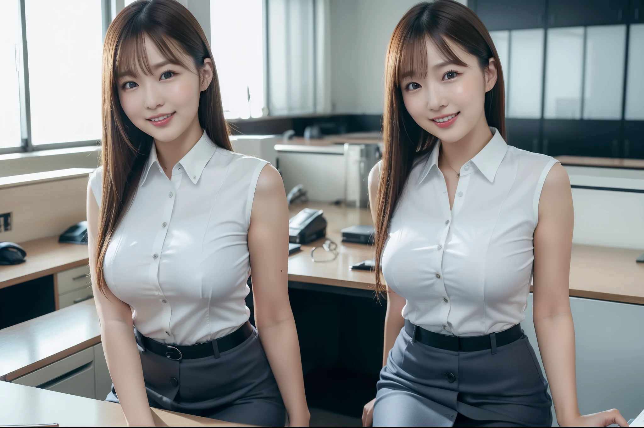 ((Highest quality, 8k, Masterpiece Details, Ultra-high resolution)), (Looking at the audience), (Full Shot:), 魅力的なビジネス 5-peopleの熟女, 5-people, Slender:0.25, A white, sleeveless, see-through, tight shirt with buttons on the collar and chest., Grey tight skirt, (sitting at a desk in an office), smile, CEO's Office,Big Breasts、Erect nipples