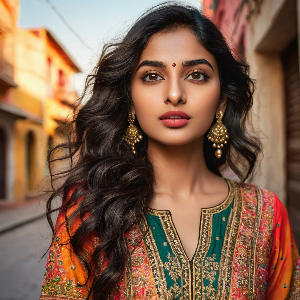 ultra-realistic photographs, Indian Instagram model, mid 20s,9:16, mid-shot, beautiful detailed eyes,de lips, longeyelashes, long black wavy hair, naturally full eyebrows, perfectly formed nose, expressive face,attrad appearance, candid photo, vibrant and colorful frock, he embroidered, golden hour street background, serene atmosphere, stunning architecture, soft and natural lighting, vivid colors, photorealistic, HDR, highres, studio lighting,ultra-detailed, bokeh, fully covered clothes less