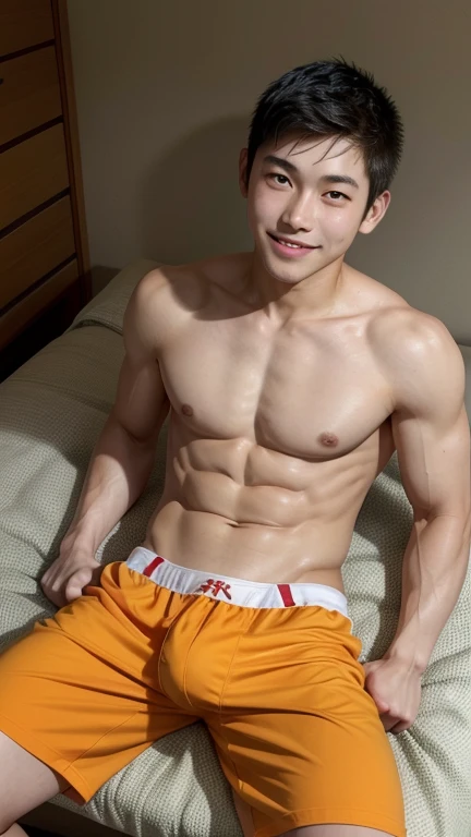 Japanese men、、Muscles and smooth skin、Shaved head baseball player、Relaxed and friendly smile、Orange and yellow thin boxer briefs、the whole body looks good、