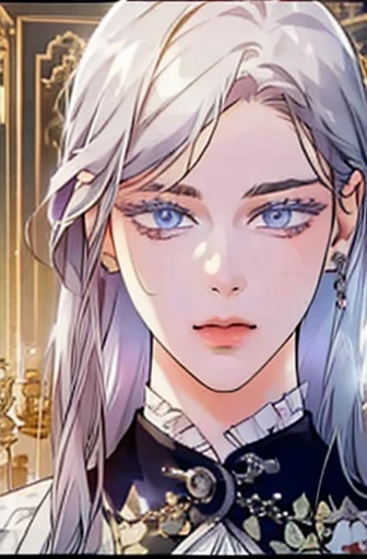 a determined victorian era woman in her late 20's, merchant, straight white medium-length hair, striking purple eyes, detailed realistic portrait, photorealistic, hyperrealistic, 8k, detailed clothing, beautiful detailed eyes, beautiful detailed lips, extremely detailed face, intricate ornate details, cinematic lighting, dramatic shadows, warm color tones, natural lighting, highly detailed, masterpiece, artstation, sharp focus, hyper detailed