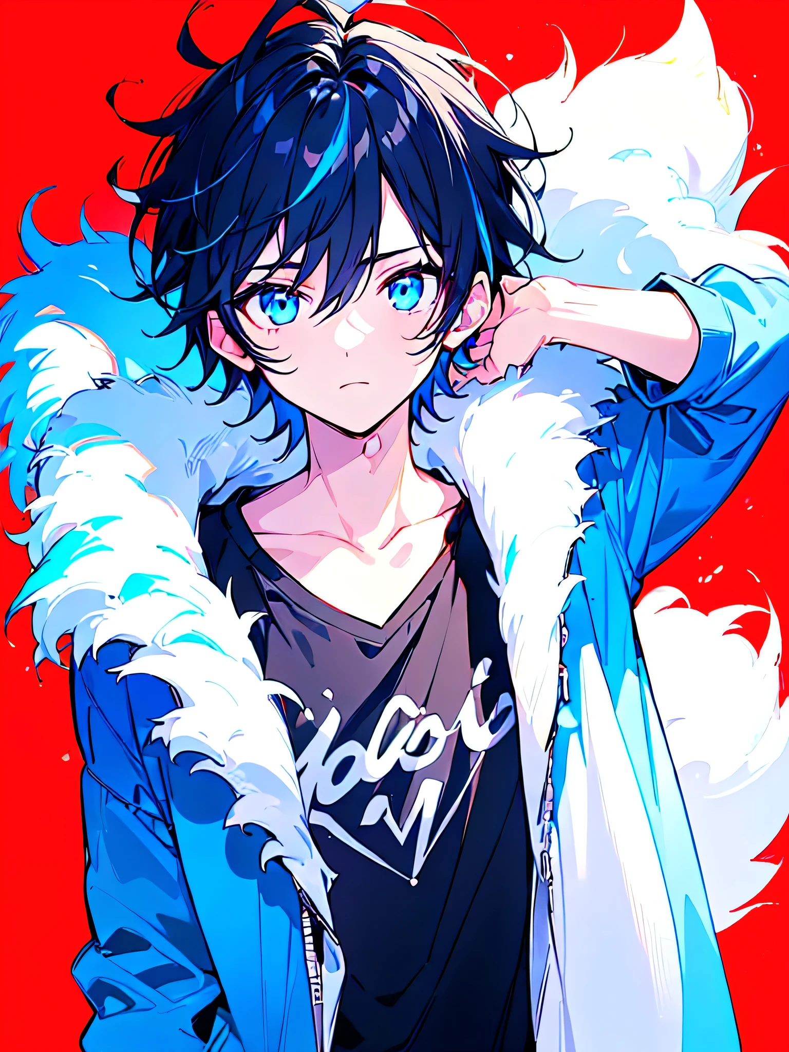 [(RED BACKGROUND:1.5),::5], ((((masterpiece)))), high quality, ultra very high resolution, full color, (((solo))), ((little boy)), BLACK hair, ((Blue streaked hair)), (oriental deepblue eyes), anime, ((upper body)), Summer clothes, neon light, black parka,