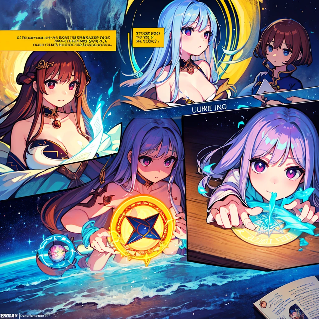 Goddess summons heroes, summoning circle, blue pentagram, text level 1 above head