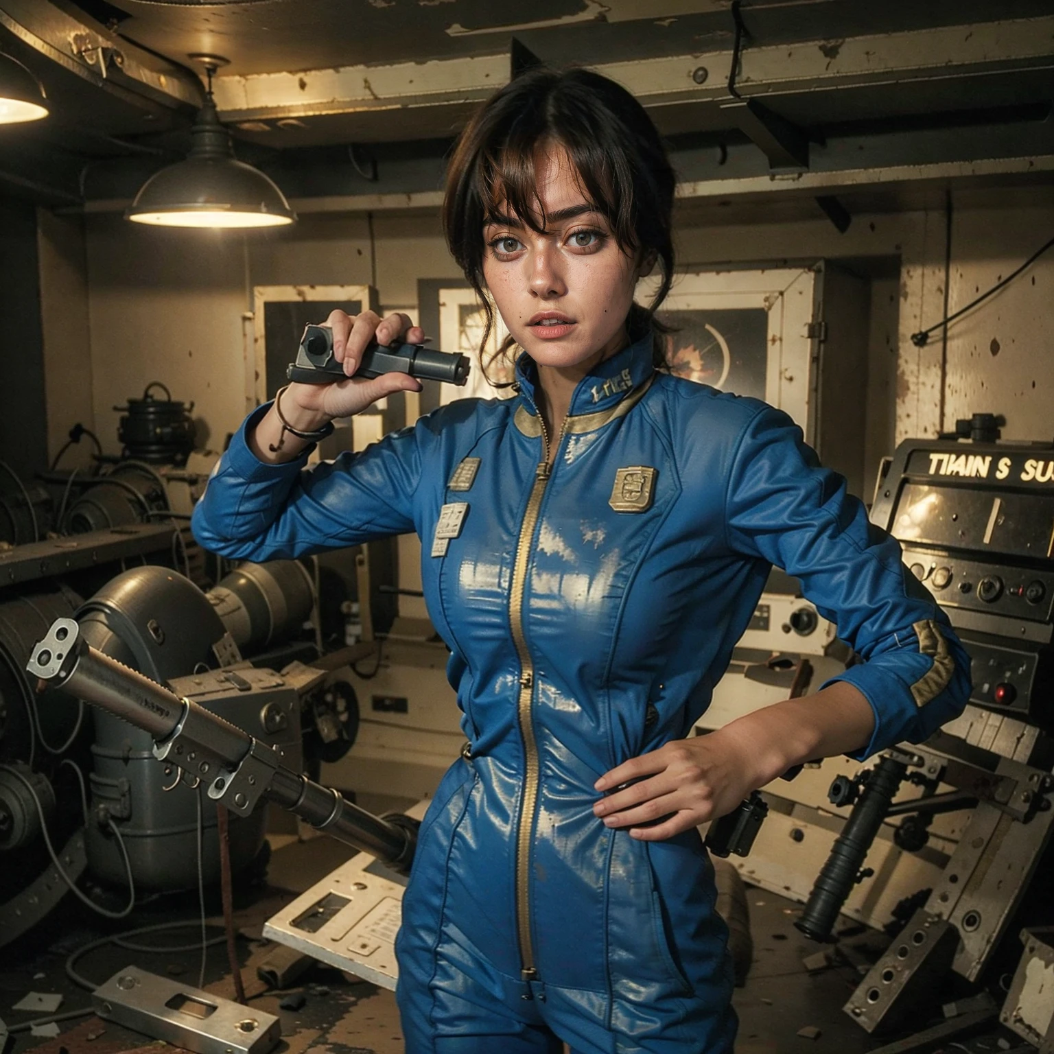 (One person). Fallout TV series. Inside a dimly lit large wreaked smoky room in a post-apocalyptic (casino) in Las Vegas. Vaultsuit Lucy, a 25 year-old vault dweller wearing a blue and gold vaultsuit unzipped top with bloodstains on the t-shirt underneath, her black hair disheveled, with a large ((gun)) in her hand, standing ready to defend herself.  Dark room with smoke and small fires in the rubble. Menacing shadows. Dramatic. Cinematic. realistic colors, realistic, photo-realistic. 