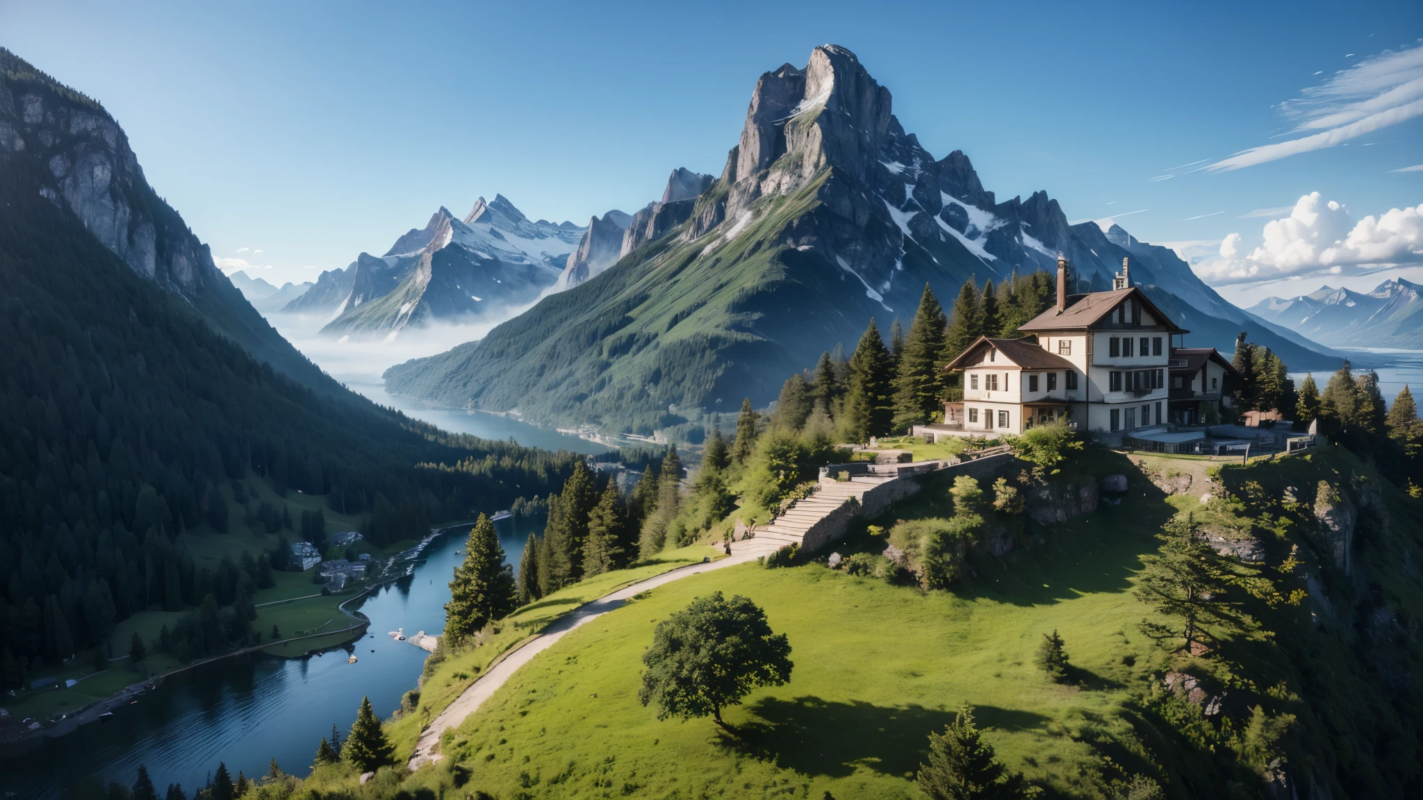 a beautiful mountain landscape with a waterfall and a house on the hilltop, masterpiece, 8k, hyperrealistic, photorealistic, extremely detailed mountain scenery, wide angle, detailed landscape, detailed foliage, lush vegetation, beautiful lighting, dramatic lighting, epic, cinematic, digital art, concept art, inspired by raphael lacoste，Switzerland