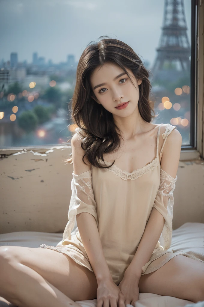 (((best quality))), (((ultra detailed))), (((masterpiece))), illustration,((a beautiful girl,solo)),(long straight bob:0.8),((slim,thin)),((small breasts,flat chest)),(torn tattered short-sleeved sheer nightgown:1.3),(slender legs:1.2),(loafers:1.2),(delicate skin:1.2), ,(in dark dilapidated bedroom:1.3),(rundown hotel:1.3),((faded walls, peeling paint, dusty carpet)),(arms behind back:1.5),(spread legs apart:1.3),(sitting on the bed:1.3),((window, city view, weak lights)),(majestic Eiffel Tower:1.3),(smile:1.2), tranquility, rough surroundings, edgy beauty,detailed eyes, hidden fire,(summer:1.2),(night scene:1.3),((from front,full body))