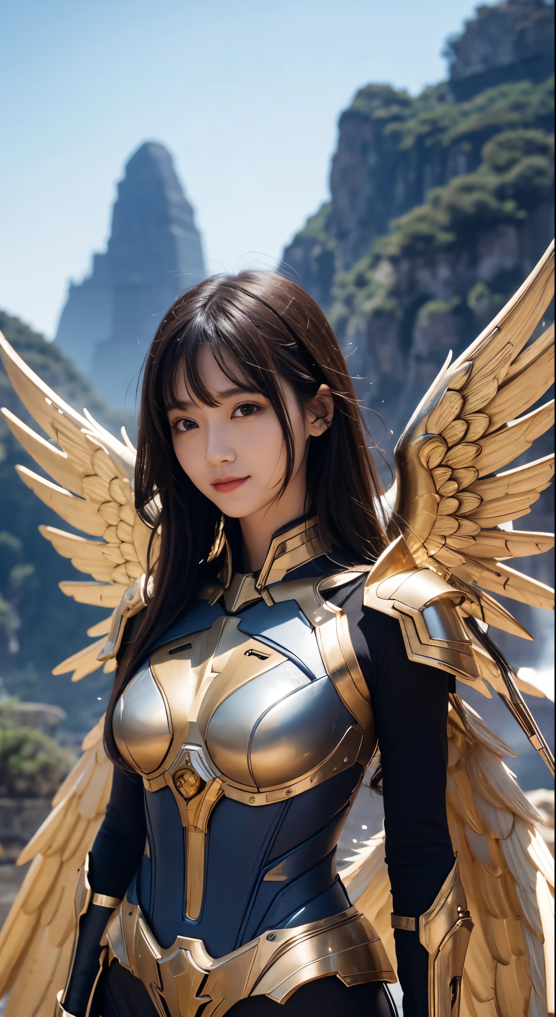 masterpiece,(bestquality),highlydetailed,ultra-detailed,1girl,(mechanicalwings:golden,glowingeyes:blue,goldenrarmor:1.2,elongatedears:0.8),(cyberpunkcity:1.5,weapon:energyblade),(fantasylandscape:1.2,natural lighting:1.5,confidentexpression),(panorama:1.2),mecha, smile,angle,Angels, wings,gold,raw,close up